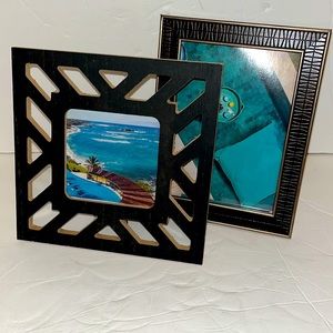 NWT set of 2 black &brown wood/leather look frames w/ aqua magazine art prints